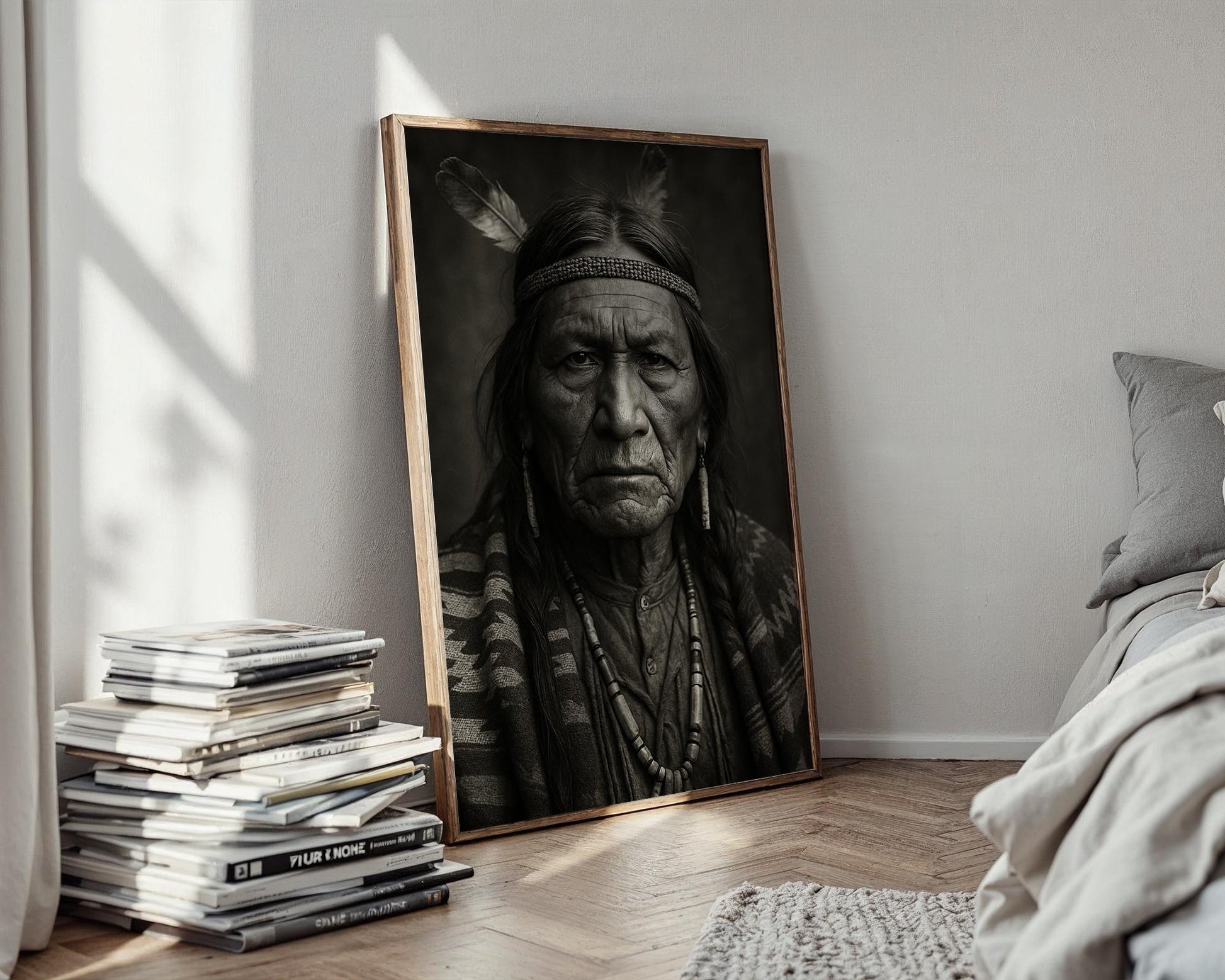 Native American Portrait – Powerful Black & White Photo Print with Cultural Detail and Tribal Strength, Heritage Wall Art, Free Shipping - Just Great Posters