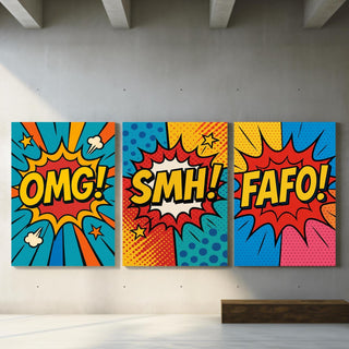 Modern Abstract Wall Art Set of 3 Prints | OMG, FAFO, SMH | Minimalist Triptych for Living Room or Bedroom | Neutral Tones | Free Shipping - Just Great Posters