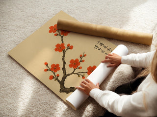 Cherry Blossom Wall Art Set of 3 | Vintage Japanese Style Botanical Prints | Minimal Floral Decor on Cream Paper | Free Shipping - Just Great Posters