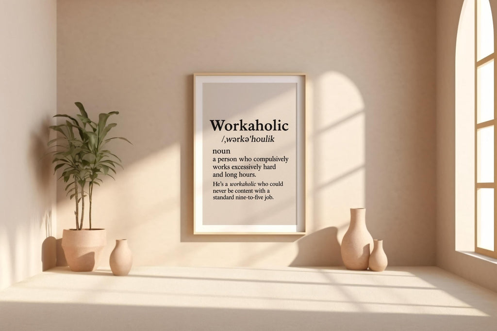 Workaholic Definition Wall Art – Funny Black and White Office Print, Minimalist Typography Poster for Hustlers, Grads or Bosses - Just Great Posters