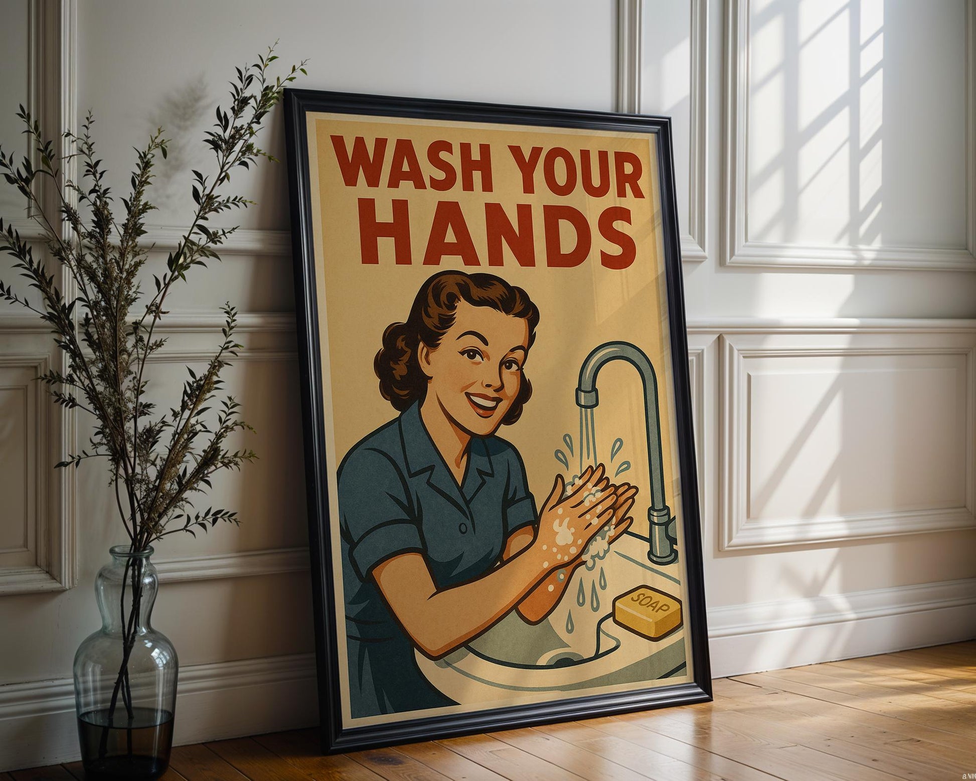 Wash Your Hands Bathroom Poster – Funny Vintage Style Wall Art for Kitchen or Restroom Decor, Midcentury Modern Home Print - Just Great Posters