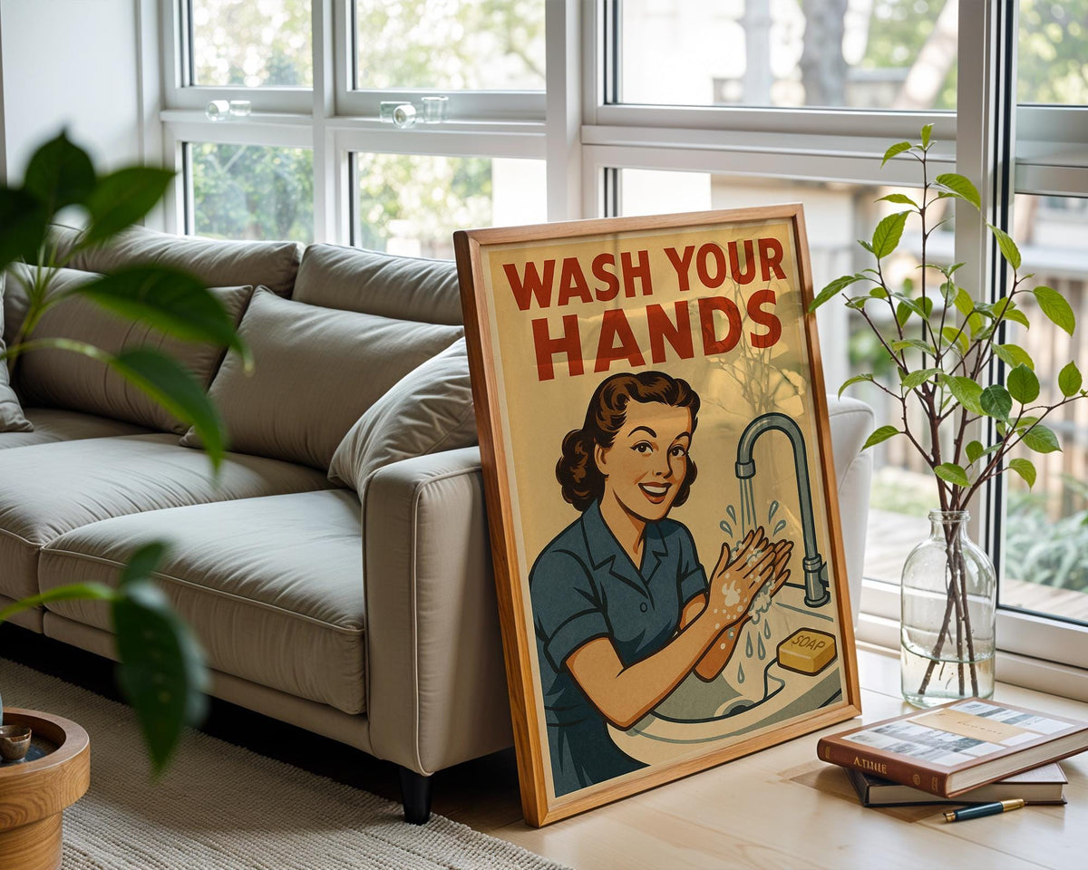 Wash Your Hands Bathroom Poster – Funny Vintage Style Wall Art for Kitchen or Restroom Decor, Midcentury Modern Home Print - Just Great Posters