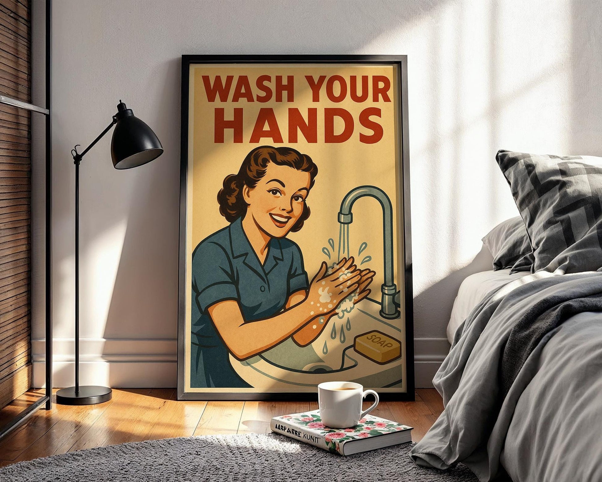 Wash Your Hands Bathroom Poster – Funny Vintage Style Wall Art for Kitchen or Restroom Decor, Midcentury Modern Home Print - Just Great Posters