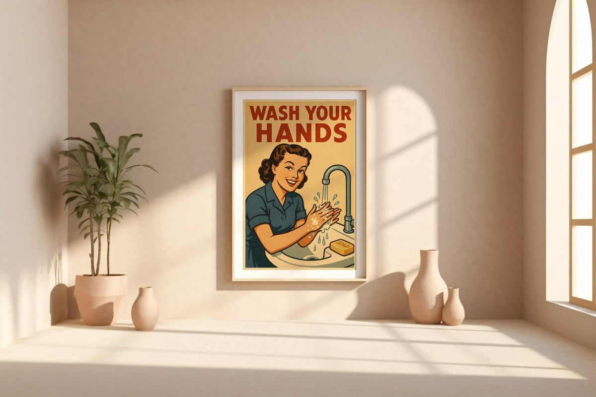 Wash Your Hands Bathroom Poster – Funny Vintage Style Wall Art for Kitchen or Restroom Decor, Midcentury Modern Home Print - Just Great Posters
