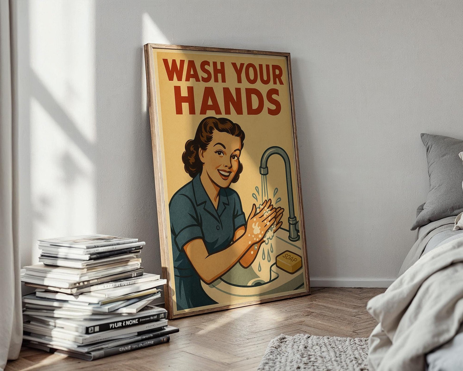 Wash Your Hands Bathroom Poster – Funny Vintage Style Wall Art for Kitchen or Restroom Decor, Midcentury Modern Home Print - Just Great Posters