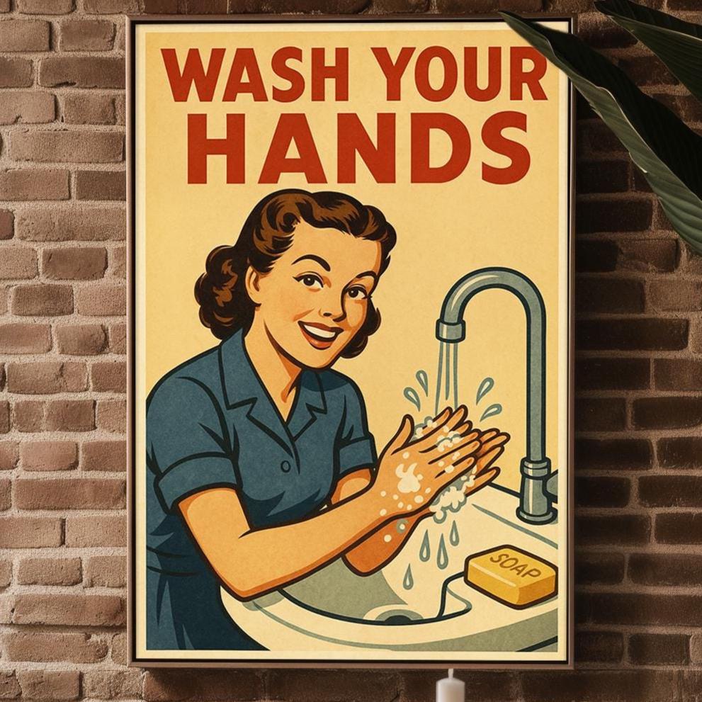 Wash Your Hands Bathroom Poster – Funny Vintage Style Wall Art for Kitchen or Restroom Decor, Midcentury Modern Home Print - Just Great Posters