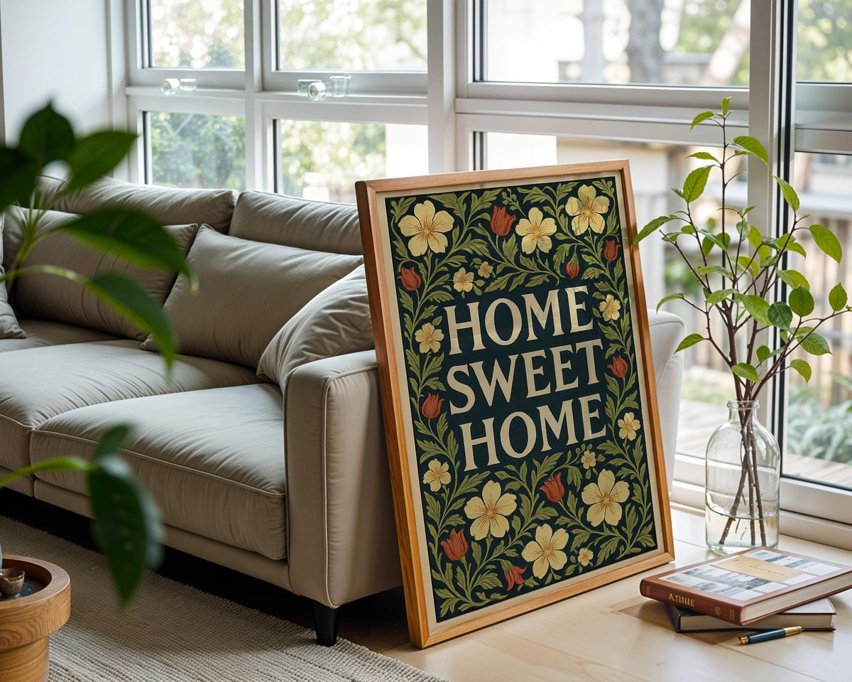 Home Sweet Home Floral Wall Art – Cottagecore Botanical Quote Print, Vintage Style Home Decor Poster, Cozy Housewarming Gift Idea - Just Great Posters