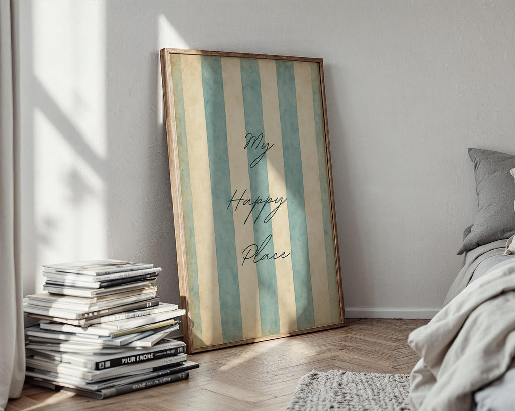 My Happy Place Wall Art – Pastel Blue Striped Typography Poster, Minimal Coastal Decor for Bedroom, Beach House, or Serene Home Vibes - Just Great Posters