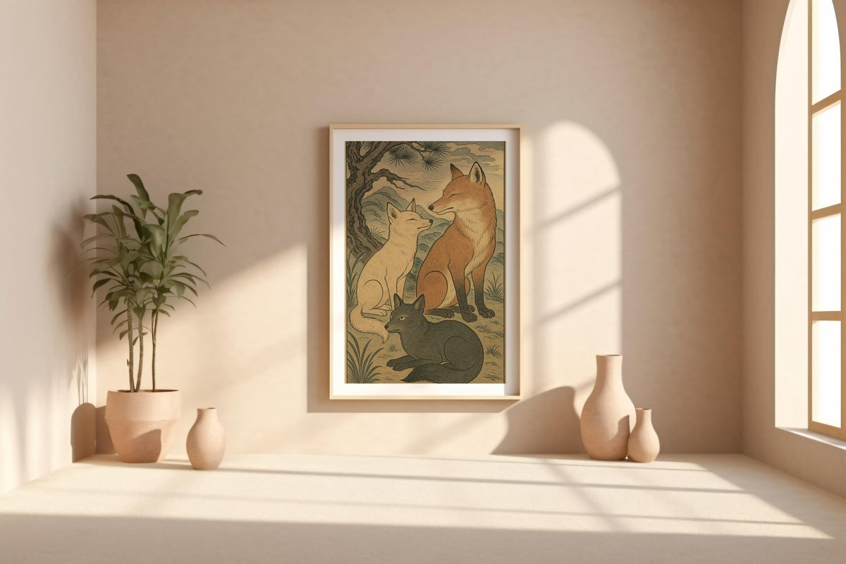 Japanese Fox Print – Ukiyo - e Style Animal Art Poster, Traditional Japanese Wall Decor with Kitsune Spirit Energy for Zen or Folklore Lovers - Just Great Posters