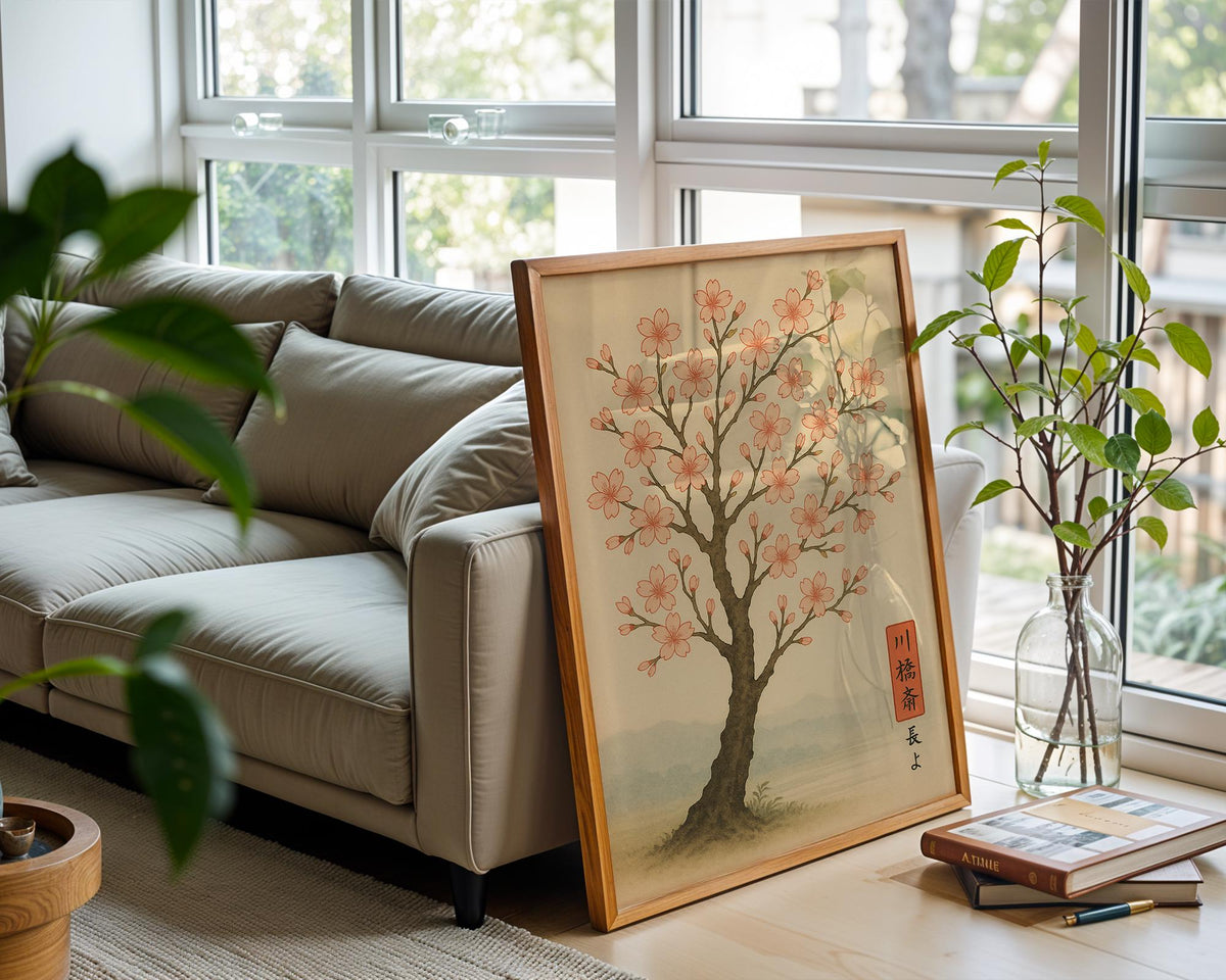 Cherry Blossom Tree Poster – Japanese Nature Wall Art, Minimalist Sakura Print with Birds, Zen Botanical Decor for Calm and Serene Spaces - Just Great Posters