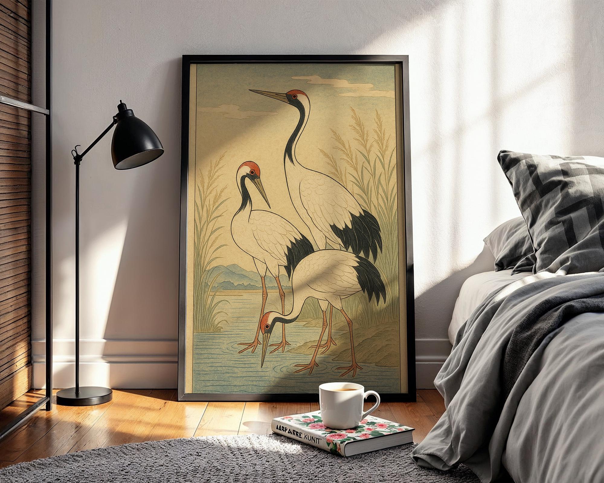 Japanese Cranes Poster – Ukiyo - e Style Nature Wall Art, Traditional Japanese Wildlife Print for Zen Decor, Calm Interiors or Japandi Homes - Just Great Posters