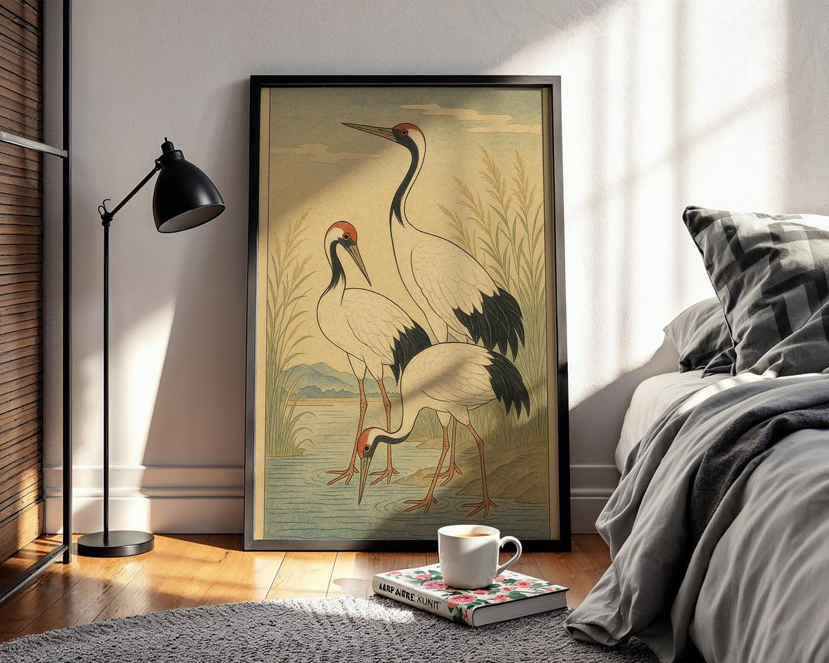 Japanese Cranes Poster – Ukiyo - e Style Nature Wall Art, Traditional Japanese Wildlife Print for Zen Decor, Calm Interiors or Japandi Homes - Just Great Posters