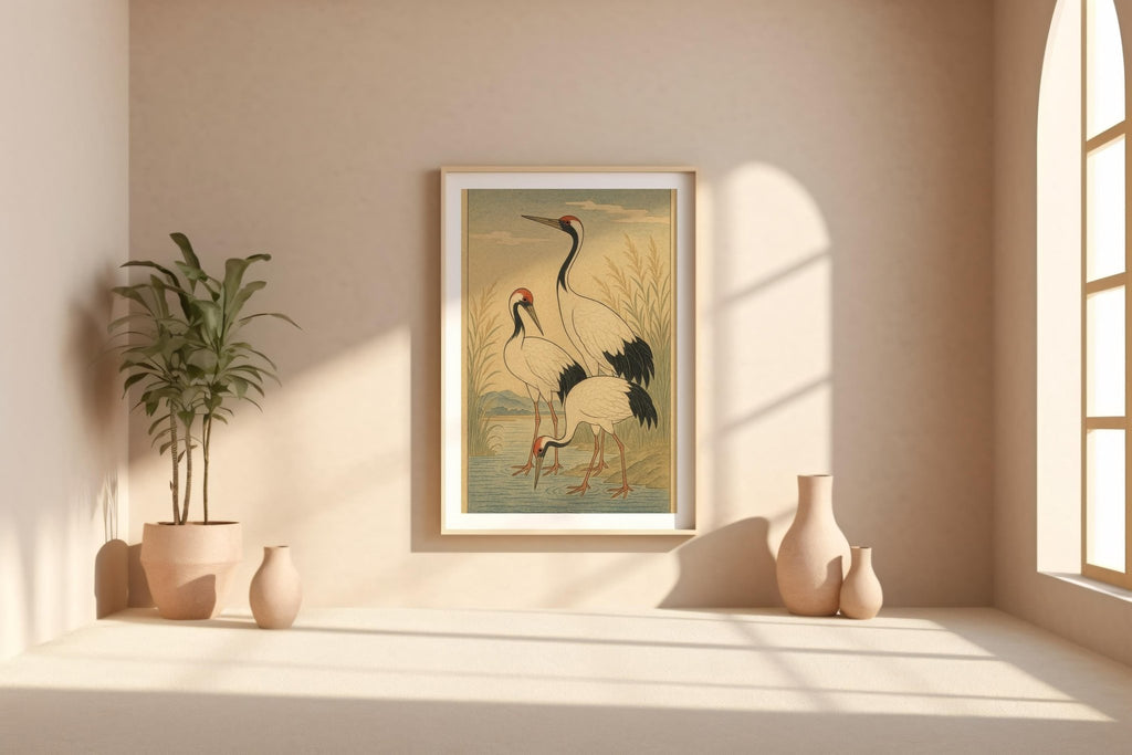 Japanese Cranes Poster – Ukiyo - e Style Nature Wall Art, Traditional Japanese Wildlife Print for Zen Decor, Calm Interiors or Japandi Homes - Just Great Posters