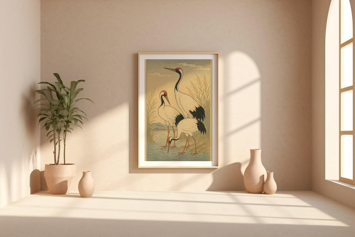 Japanese Cranes Poster – Ukiyo - e Style Nature Wall Art, Traditional Japanese Wildlife Print for Zen Decor, Calm Interiors or Japandi Homes - Just Great Posters