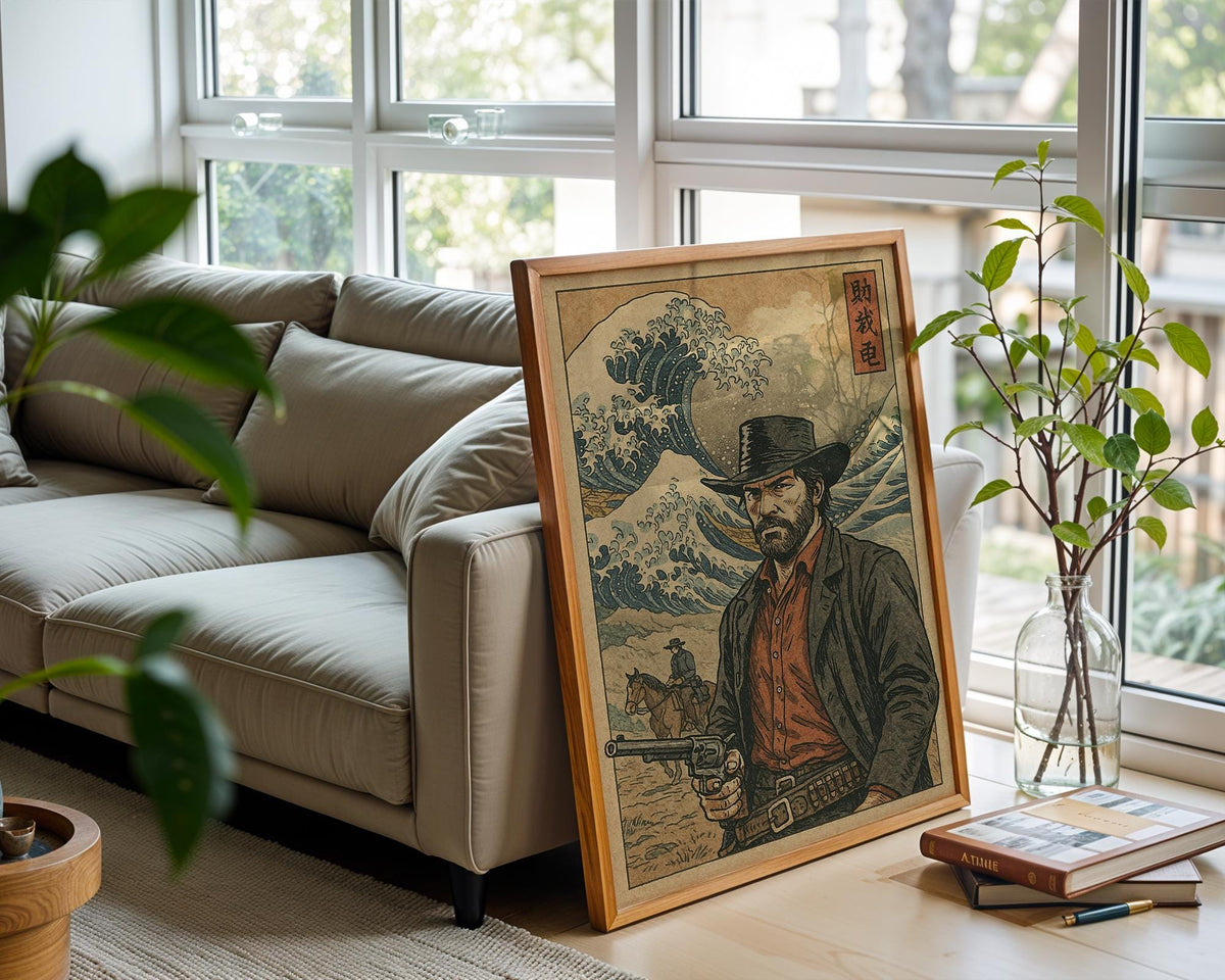 Cowboy Ukiyo - e Poster – Japanese Woodblock Western Mashup Print, Red Dead Inspired Art for Gamers, Samurai Fans or Bold Wall Decor - Just Great Posters