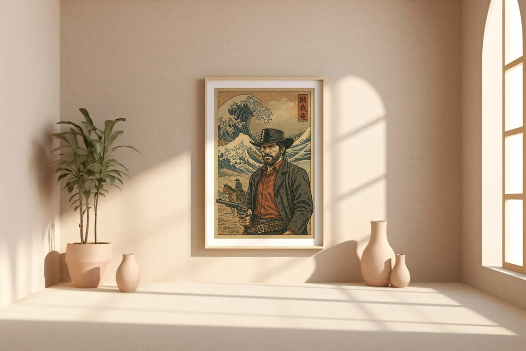 Cowboy Ukiyo - e Poster – Japanese Woodblock Western Mashup Print, Red Dead Inspired Art for Gamers, Samurai Fans or Bold Wall Decor - Just Great Posters