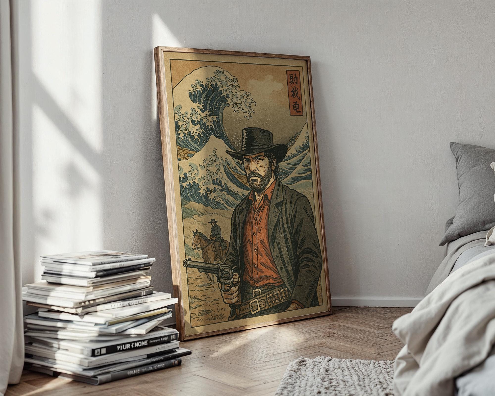 Cowboy Ukiyo - e Poster – Japanese Woodblock Western Mashup Print, Red Dead Inspired Art for Gamers, Samurai Fans or Bold Wall Decor - Just Great Posters