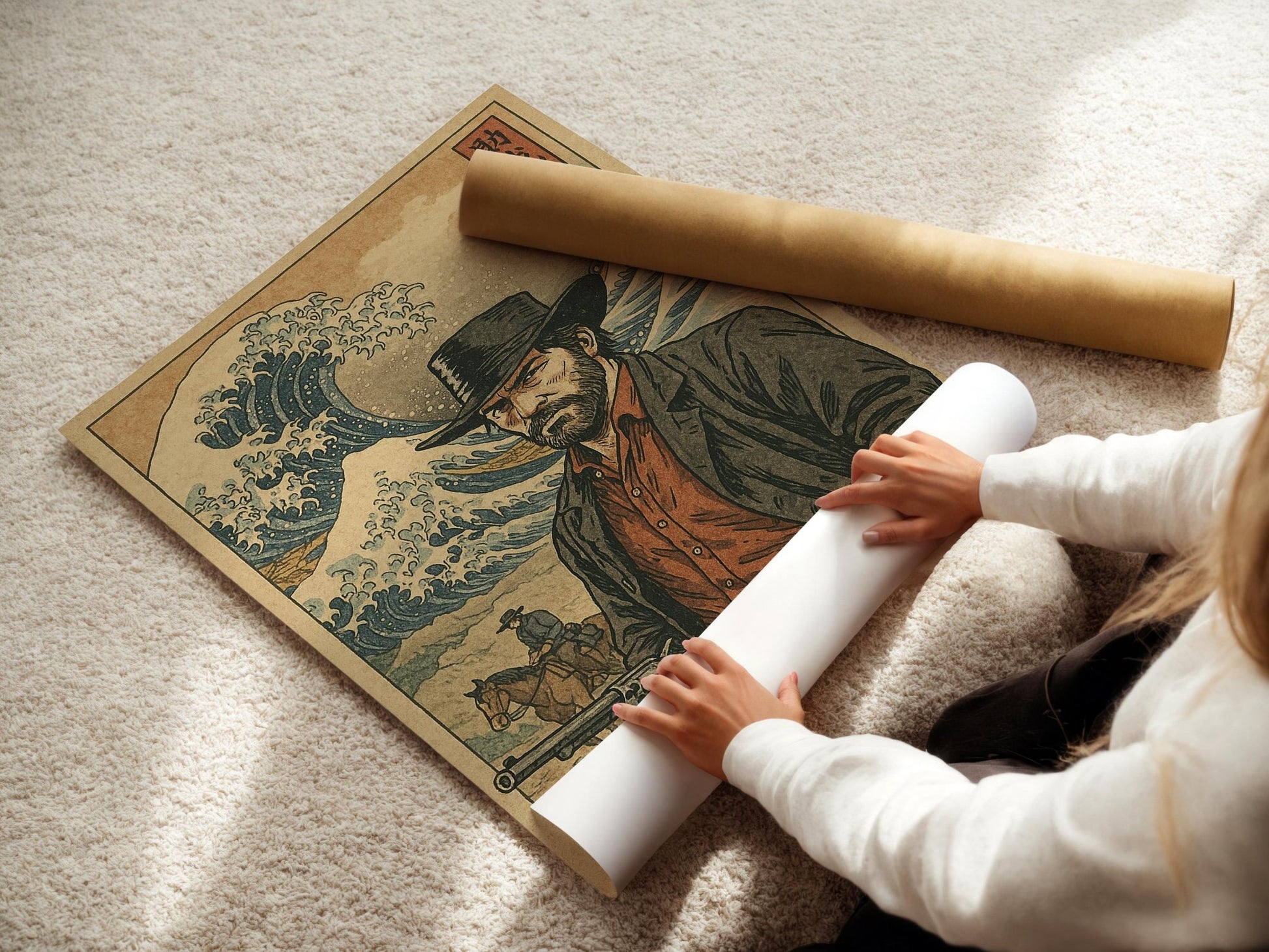 Cowboy Ukiyo - e Poster – Japanese Woodblock Western Mashup Print, Red Dead Inspired Art for Gamers, Samurai Fans or Bold Wall Decor - Just Great Posters