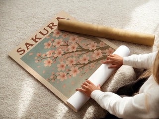 Sakura Cherry Blossom Poster – Vintage Japanese Spring Wall Art, Soft Pink Floral Print with Kanji for Zen, Japandi or Calm Nature Decor - Just Great Posters