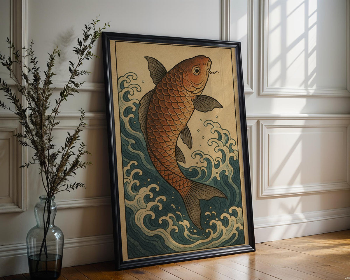 Koi Fish Ukiyo - e Poster – Traditional Japanese Water Print, Symbolic Strength and Flow Wall Art for Zen Decor, Japandi, or Calm Interiors - Just Great Posters
