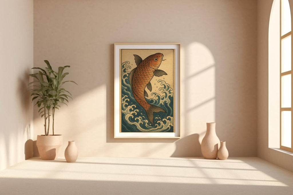 Koi Fish Ukiyo - e Poster – Traditional Japanese Water Print, Symbolic Strength and Flow Wall Art for Zen Decor, Japandi, or Calm Interiors - Just Great Posters