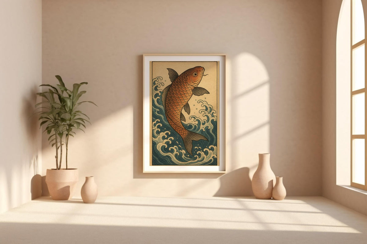 Koi Fish Ukiyo - e Poster – Traditional Japanese Water Print, Symbolic Strength and Flow Wall Art for Zen Decor, Japandi, or Calm Interiors - Just Great Posters