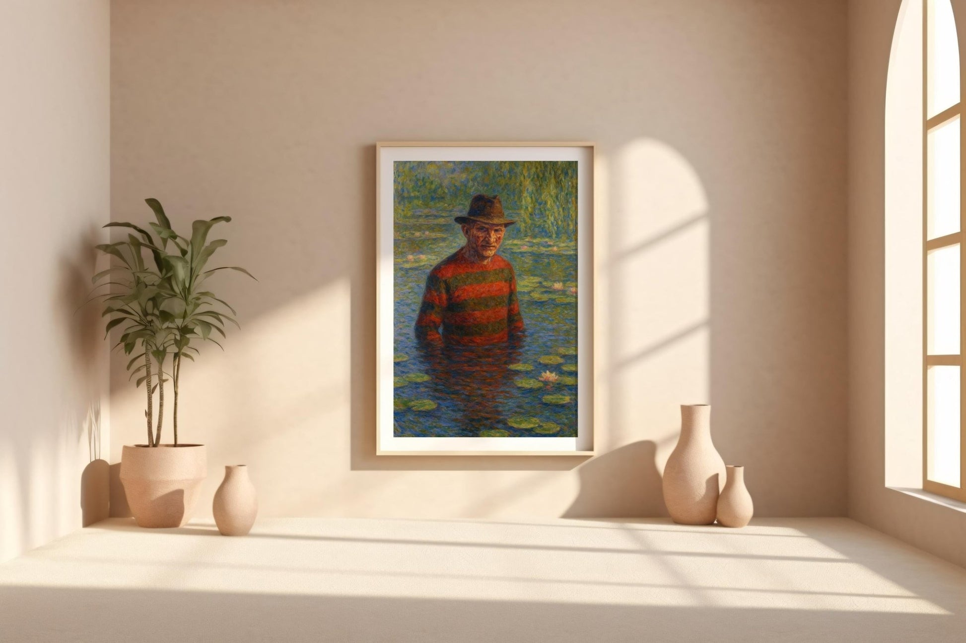 Freddy Monet Poster – Funny Horror Art Mashup, Impressionist Water Lilies Parody Print for Halloween, Goth or Cult Film Decor - Just Great Posters