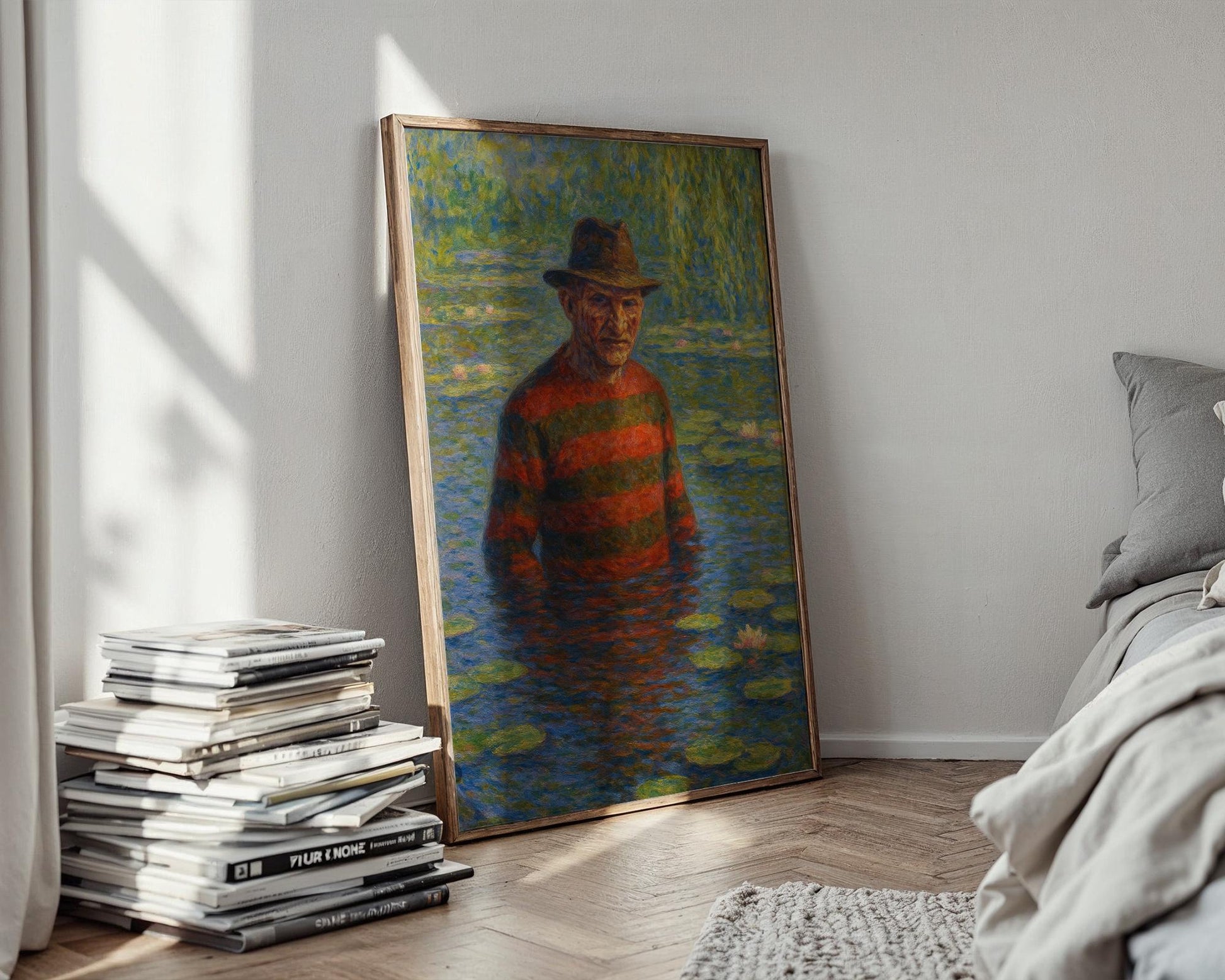 Freddy Monet Poster – Funny Horror Art Mashup, Impressionist Water Lilies Parody Print for Halloween, Goth or Cult Film Decor - Just Great Posters