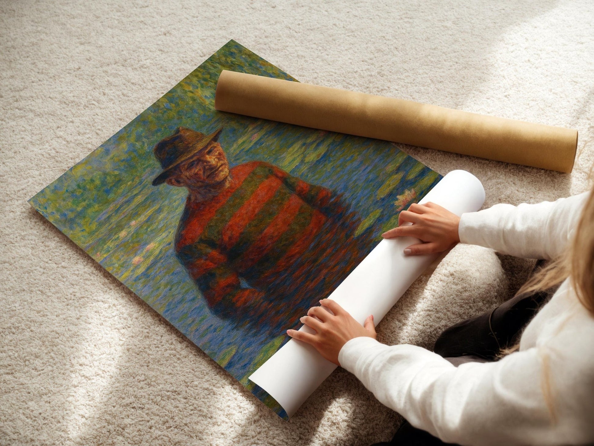 Freddy Monet Poster – Funny Horror Art Mashup, Impressionist Water Lilies Parody Print for Halloween, Goth or Cult Film Decor - Just Great Posters