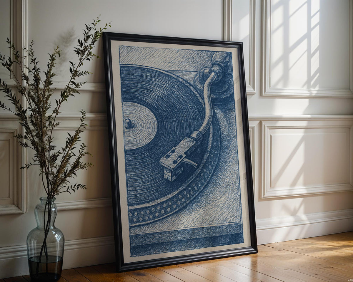 Turntable Record Player Poster – Vintage Vinyl Wall Art, Blue Ink Drawing Style Music Print for DJs, Audiophiles, and Retro Home Decor - Just Great Posters