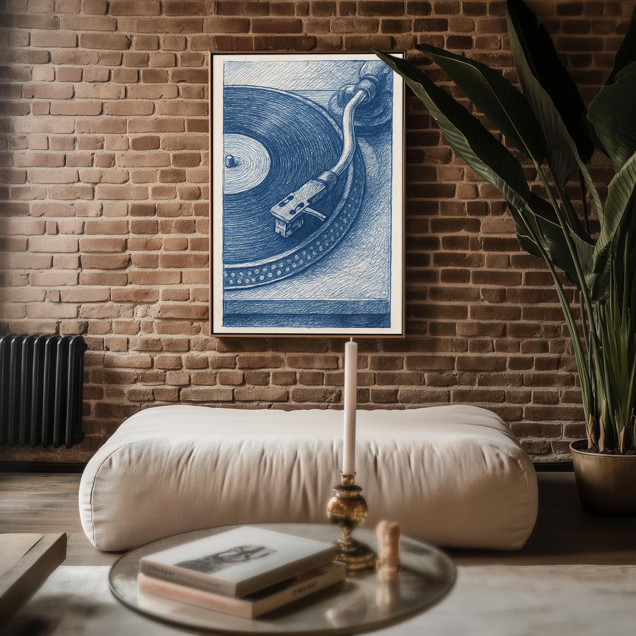 Turntable Record Player Poster – Vintage Vinyl Wall Art, Blue Ink Drawing Style Music Print for DJs, Audiophiles, and Retro Home Decor - Just Great Posters