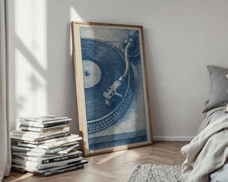 Turntable Record Player Poster – Vintage Vinyl Wall Art, Blue Ink Drawing Style Music Print for DJs, Audiophiles, and Retro Home Decor - Just Great Posters