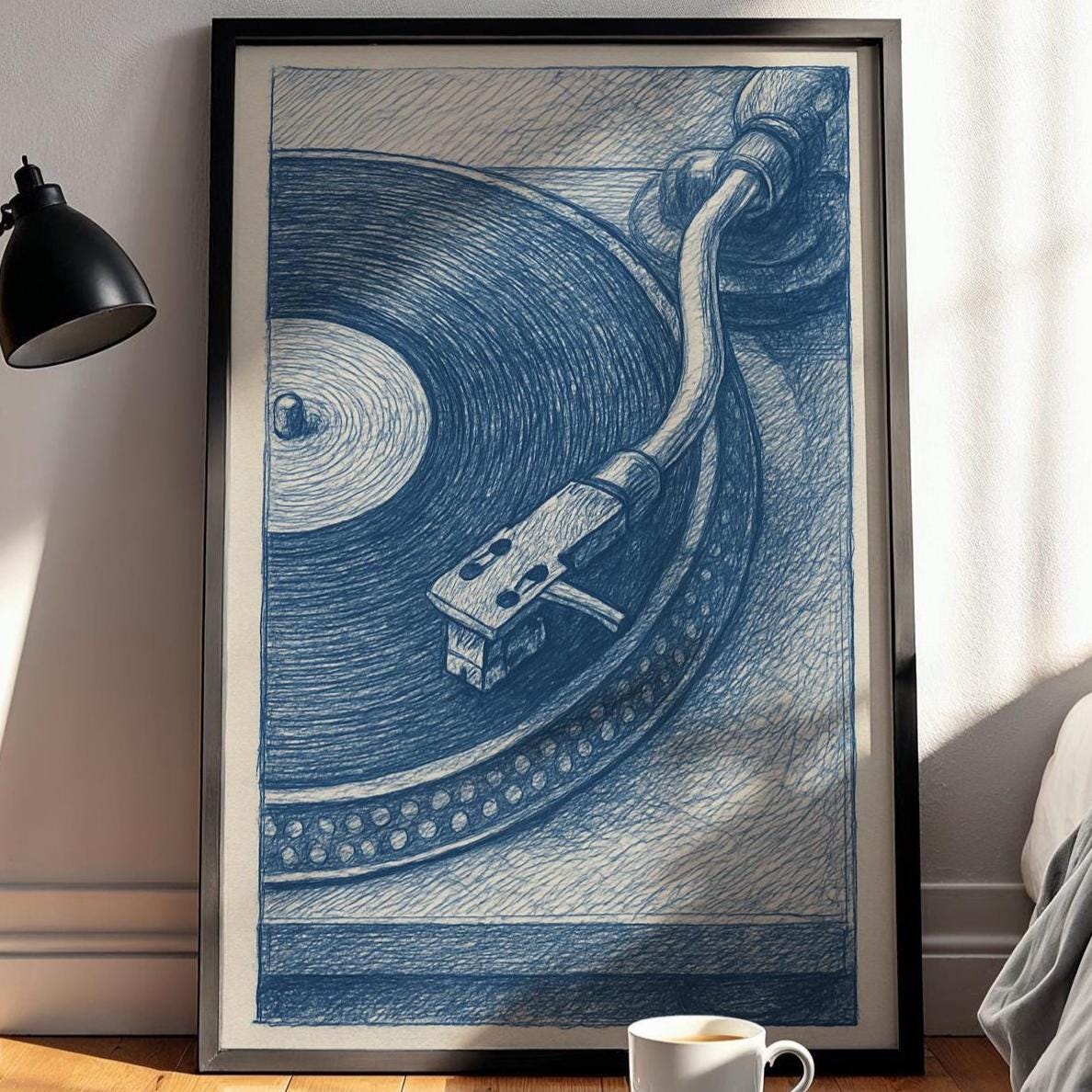 Turntable Record Player Poster – Vintage Vinyl Wall Art, Blue Ink Drawing Style Music Print for DJs, Audiophiles, and Retro Home Decor - Just Great Posters