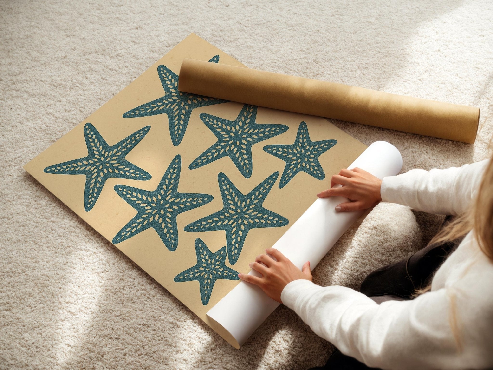 Starfish Coastal Wall Art – Vintage Beach Style Ocean Poster, Minimal Marine Life Print for Bathroom, Cottagecore, or Nautical Decor - Just Great Posters