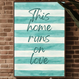 This Home Runs on Love Poster – Soft Pastel Striped Typography Print, Minimalist Cozy Wall Art for Family Room, Nursery or Entryway Decor - Just Great Posters