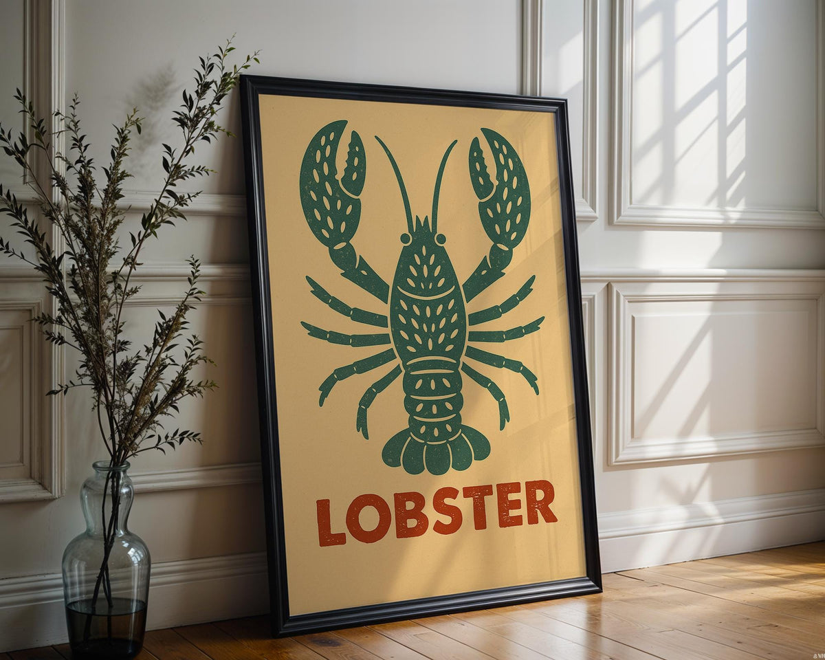 Lobster Coastal Wall Art – Vintage Seafood Kitchen Print, Retro Ocean Poster for Beach House Decor, Nautical Style, or Seafood Lovers - Just Great Posters