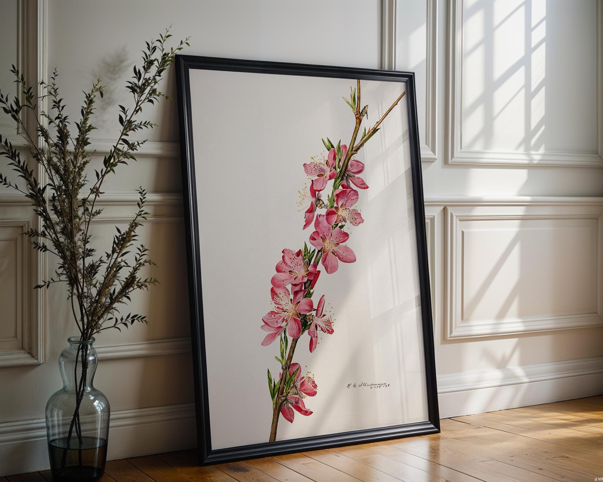 Pink Blossom Botanical Print – Vintage Flower Illustration Poster, Minimalist Floral Wall Art for Nature Lovers, Cottagecore, Spring Decor - Just Great Posters