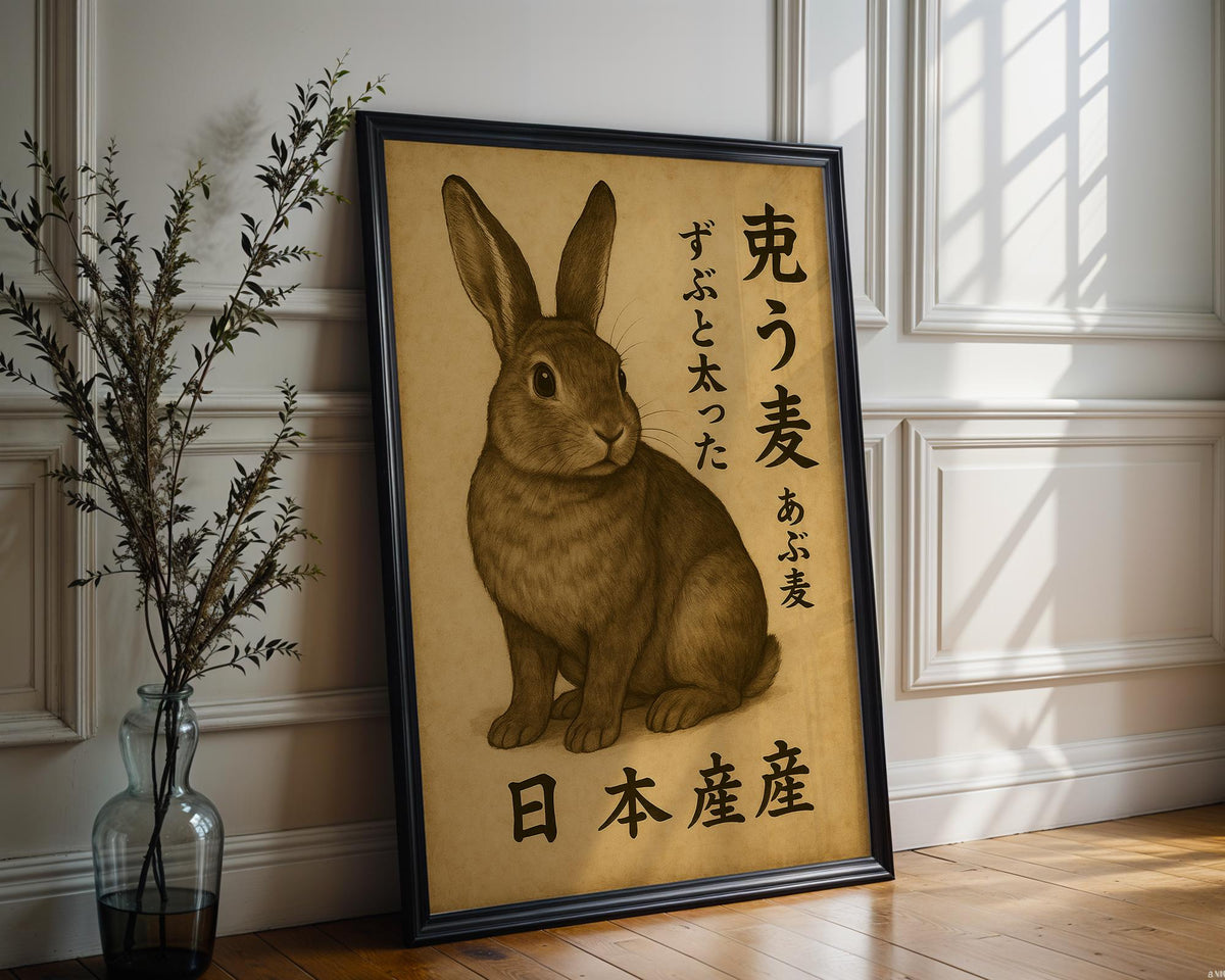Chubby Bunny Japanese Poster – Vintage Animal Art Print with Kanji Text, Cute Kawaii Home Decor, Minimalist Wall Art for Cozy Vibes - Just Great Posters