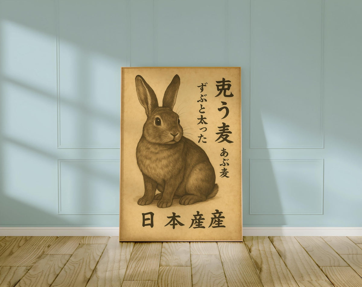 Chubby Bunny Japanese Poster – Vintage Animal Art Print with Kanji Text, Cute Kawaii Home Decor, Minimalist Wall Art for Cozy Vibes - Just Great Posters