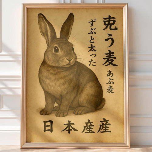Chubby Bunny Japanese Poster – Vintage Animal Art Print with Kanji Text, Cute Kawaii Home Decor, Minimalist Wall Art for Cozy Vibes - Just Great Posters