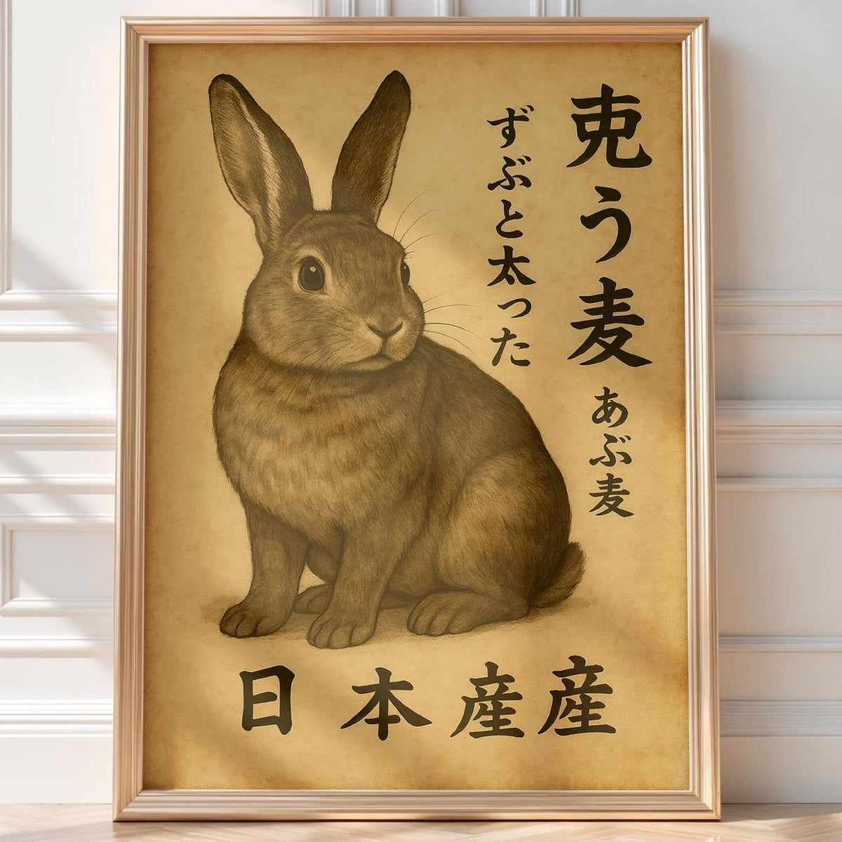 Chubby Bunny Japanese Poster – Vintage Animal Art Print with Kanji Text, Cute Kawaii Home Decor, Minimalist Wall Art for Cozy Vibes - Just Great Posters