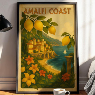 Amalfi Coast Lemon Poster – Vintage Italian Travel Wall Art, Retro Fruit and Floral Print, Coastal Kitchen Decor, Free Shipping Always - Just Great Posters