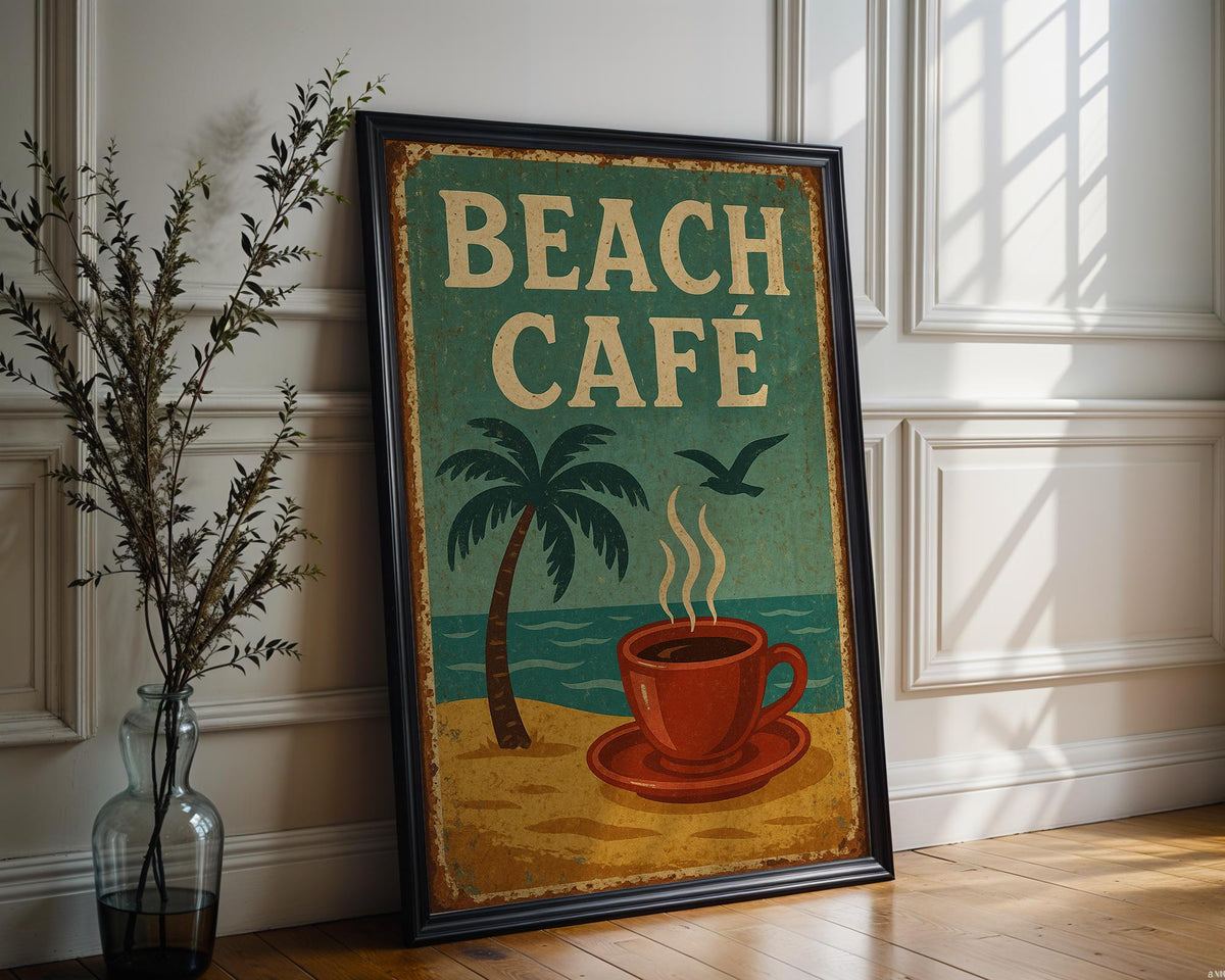 Beach Café Poster – Retro Coffee and Palm Tree Wall Art, Vintage Coastal Kitchen Print, Tropical Summer Decor for Bold Home Style - Just Great Posters