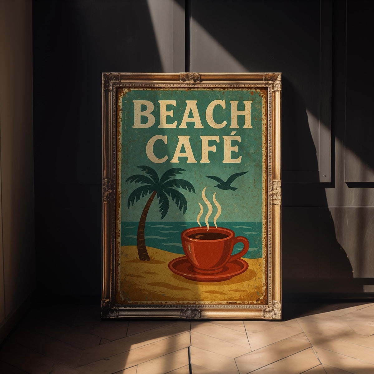 Beach Café Poster – Retro Coffee and Palm Tree Wall Art, Vintage Coastal Kitchen Print, Tropical Summer Decor for Bold Home Style - Just Great Posters