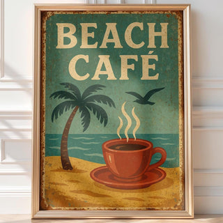 Beach Café Poster – Retro Coffee and Palm Tree Wall Art, Vintage Coastal Kitchen Print, Tropical Summer Decor for Bold Home Style - Just Great Posters