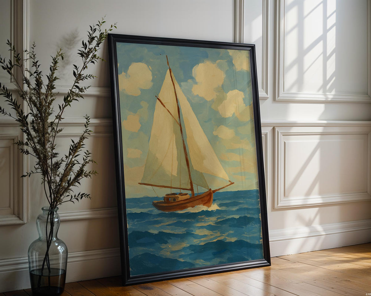 Retro Sailboat Poster – Bold Nautical Wall Art with Blue and Orange Style, Vintage Sailing Print for Coastal Decor, Free Shipping Always - Just Great Posters