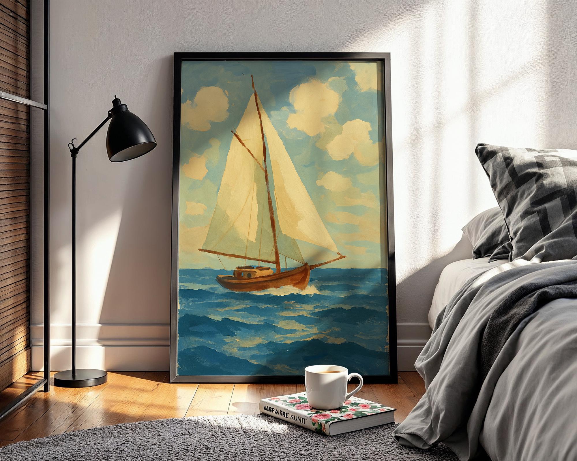 Retro Sailboat Poster – Bold Nautical Wall Art with Blue and Orange Style, Vintage Sailing Print for Coastal Decor, Free Shipping Always - Just Great Posters