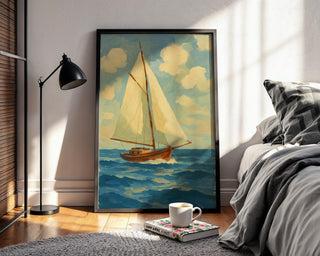Retro Sailboat Poster – Bold Nautical Wall Art with Blue and Orange Style, Vintage Sailing Print for Coastal Decor, Free Shipping Always - Just Great Posters