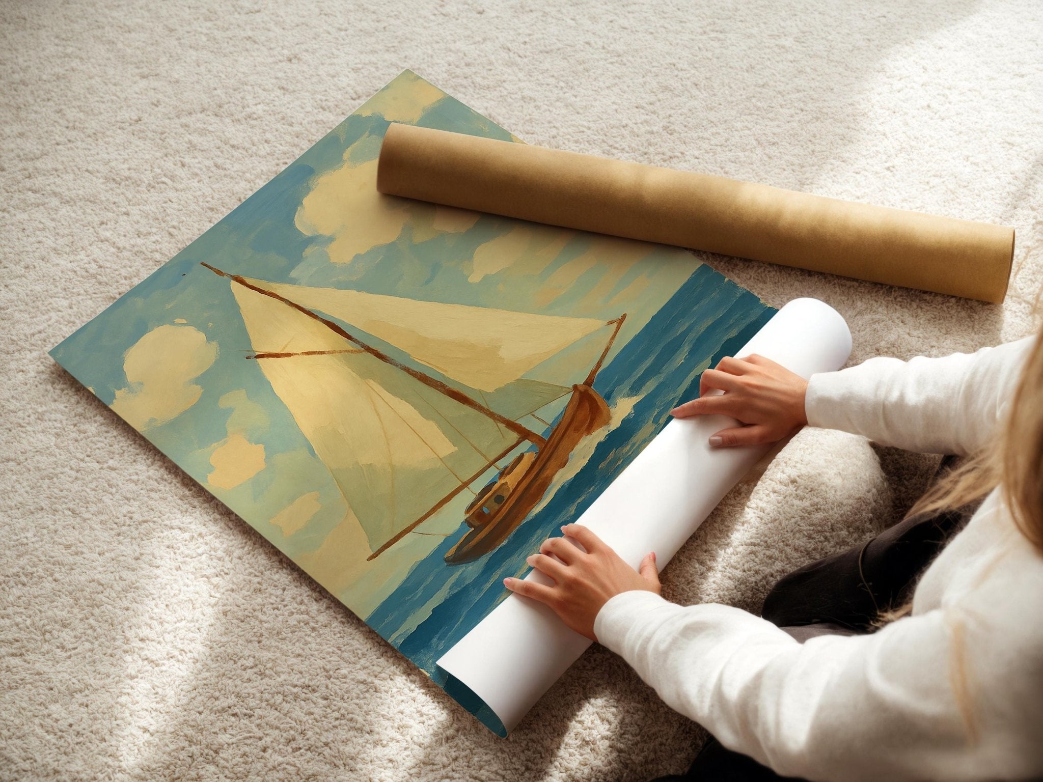 Retro Sailboat Poster – Bold Nautical Wall Art with Blue and Orange Style, Vintage Sailing Print for Coastal Decor, Free Shipping Always - Just Great Posters