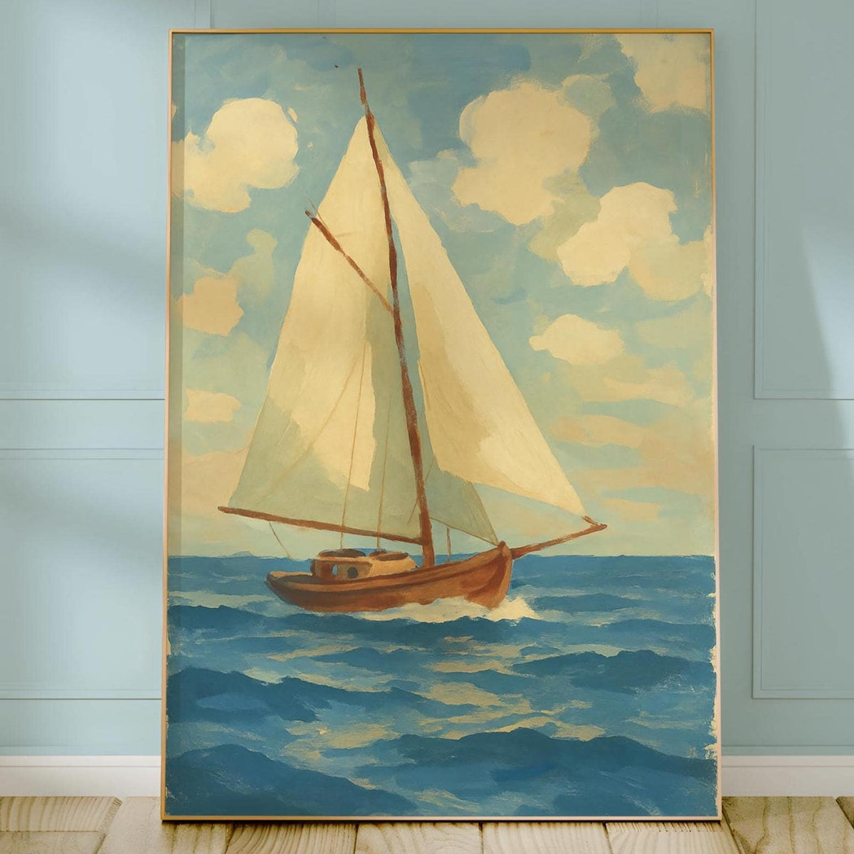 Retro Sailboat Poster – Bold Nautical Wall Art with Blue and Orange Style, Vintage Sailing Print for Coastal Decor